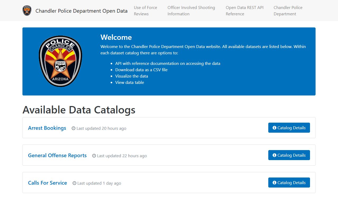 Chandler Police open data portal with arrest and crime statistics