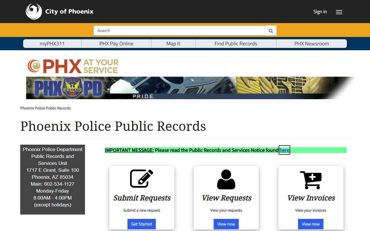 Phoenix Police online records portal for recent arrest requests