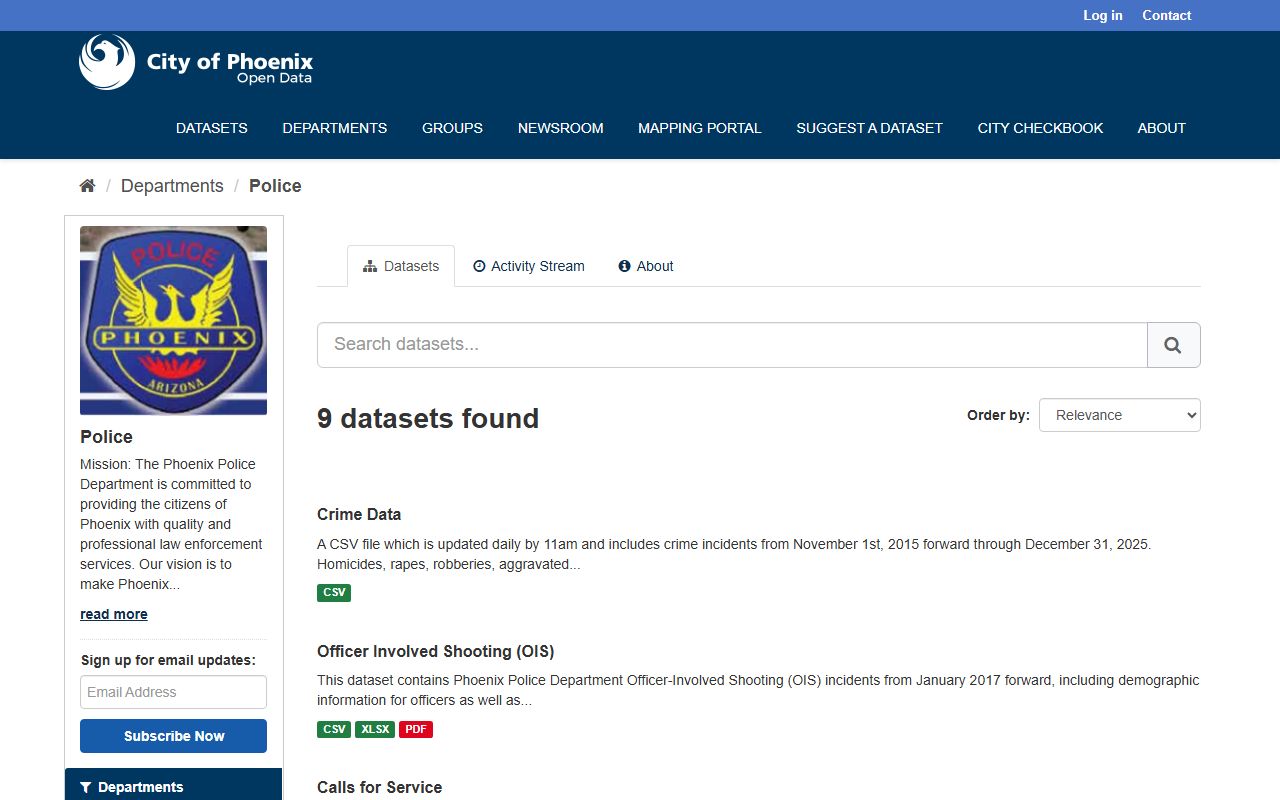 Phoenix Police open data portal with arrest statistics