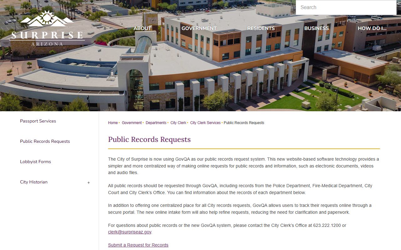 Surprise Arizona police public records request page for recent arrests