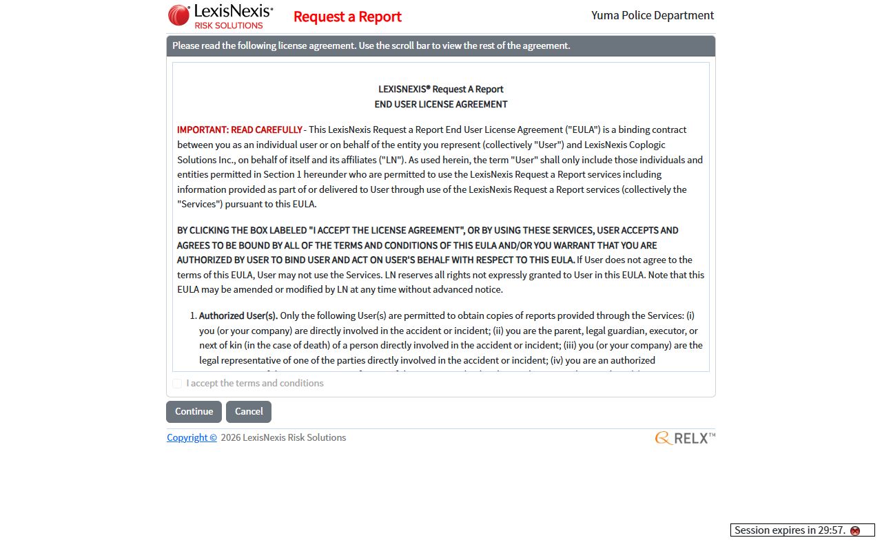 Yuma Arizona police LexisNexis records portal for recent arrest requests