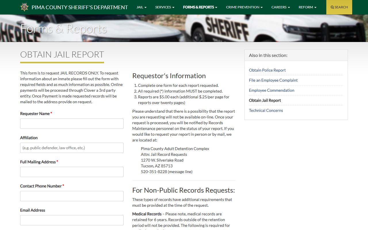 Pima County Arizona jail records request form for recent arrests