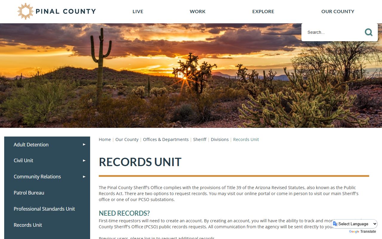 Pinal County Arizona records unit page for arrest records requests