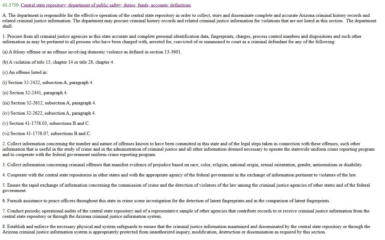Arizona Central State Repository statute for criminal records