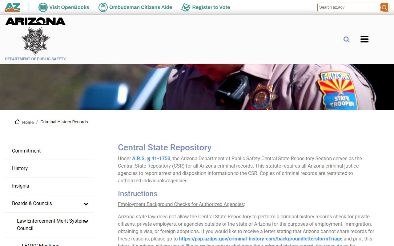 Arizona DPS Criminal History Records page for recent arrests lookup